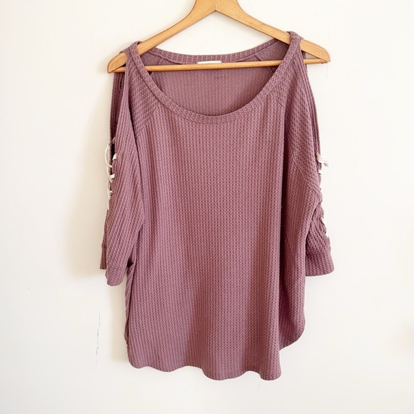 Cherish boutique mauve pink waffle knit lace open sleeve top size XL - Picture 1 of 4